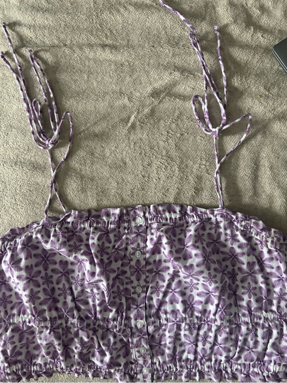aerie Lavender Floral Smocked Button-Front Crop Top with Tie Straps